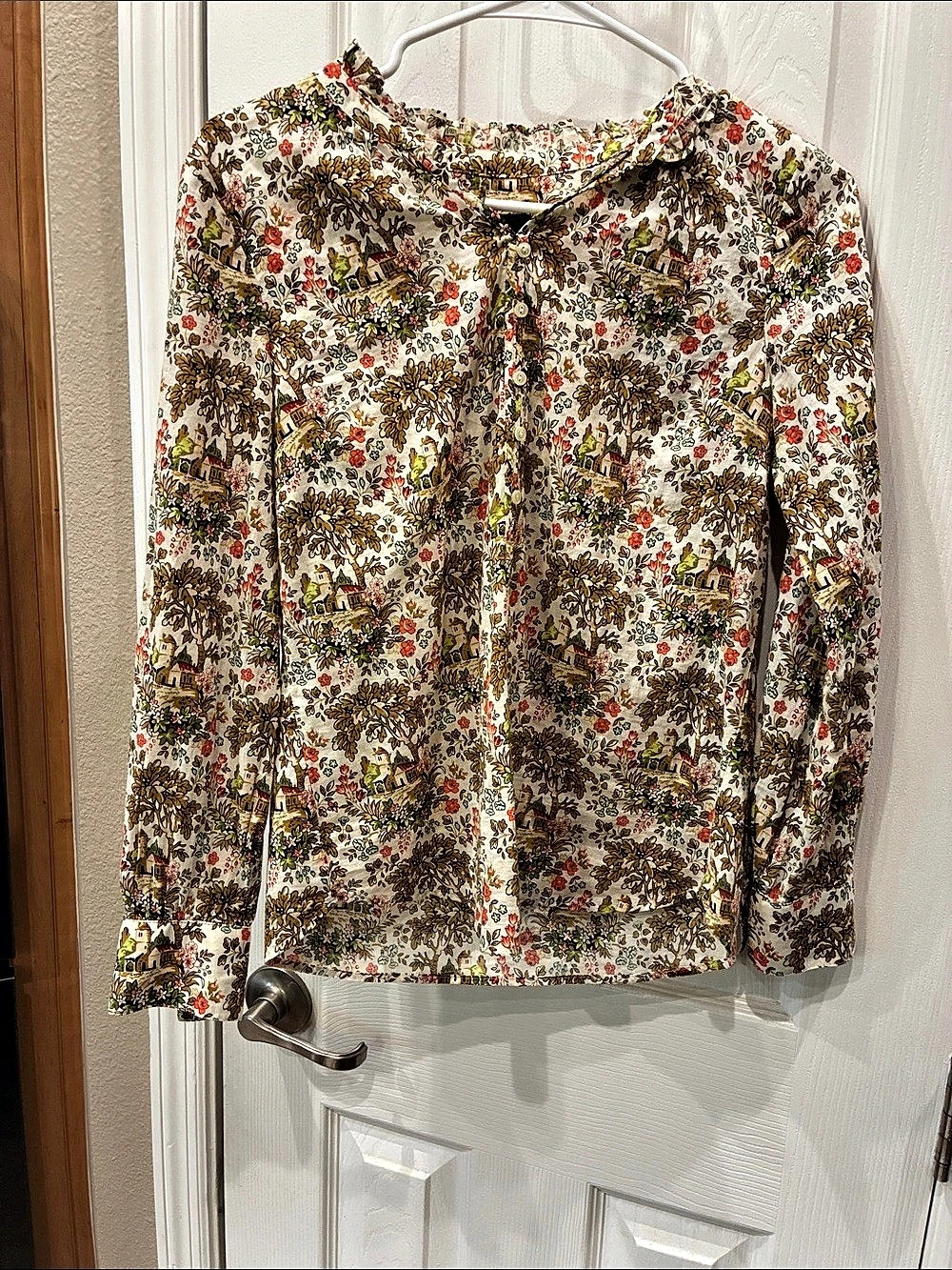 Talbots Floral Button-Down Blouse in White & Brown Like New